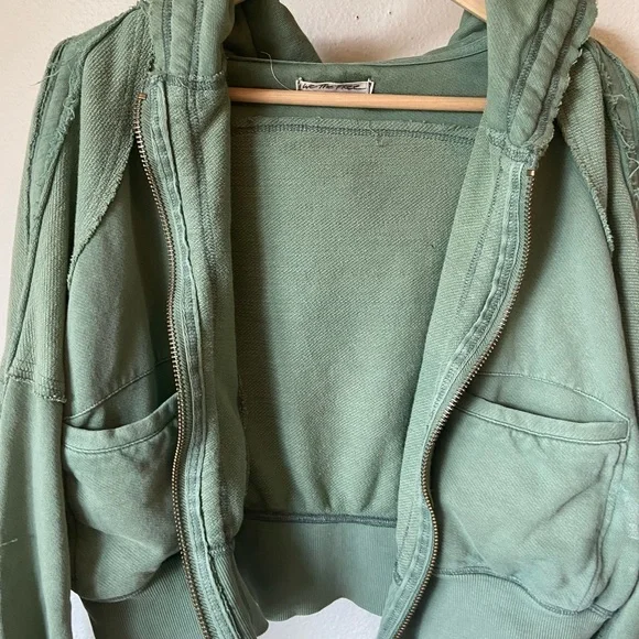 Free People Patchwork Cropped Hoodie Jacket Khaki Green - Picture 4 of 10